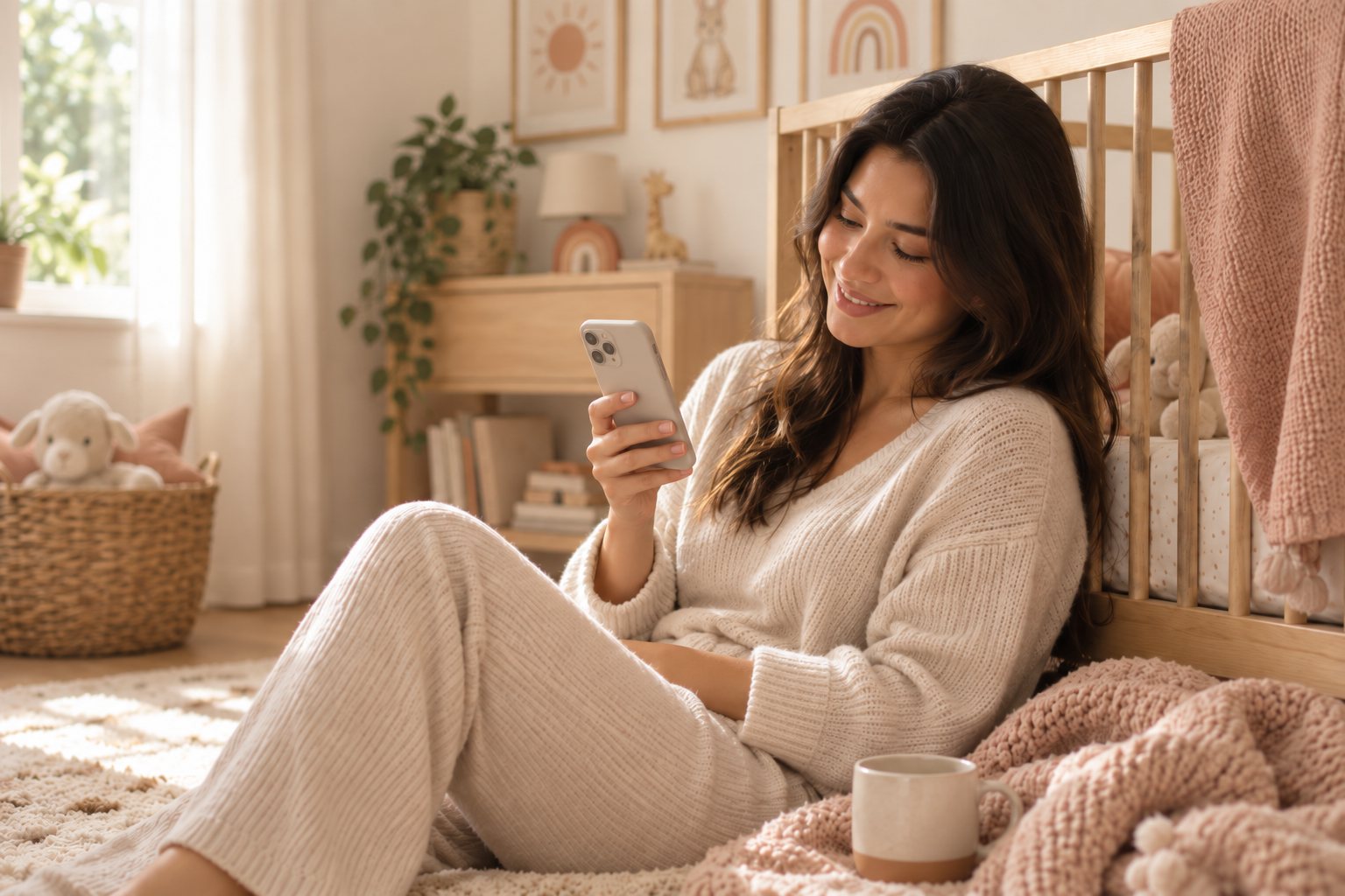 Mamá eligiendo diseños de cuadros en el celular, en el cuarto del bebé