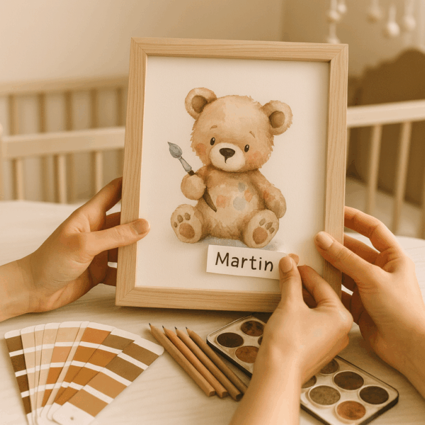 Manos sosteniendo un cuadro de osito con el nombre Martín