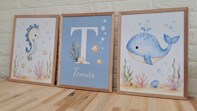 Set de cuadros de fondo marino con el nombre Tomás