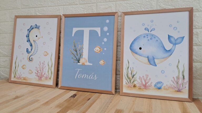 Trío marino: caballito de mar, inicial T con nombre y ballena. Trabajo realizado por Indokids, agosto de 2026.
