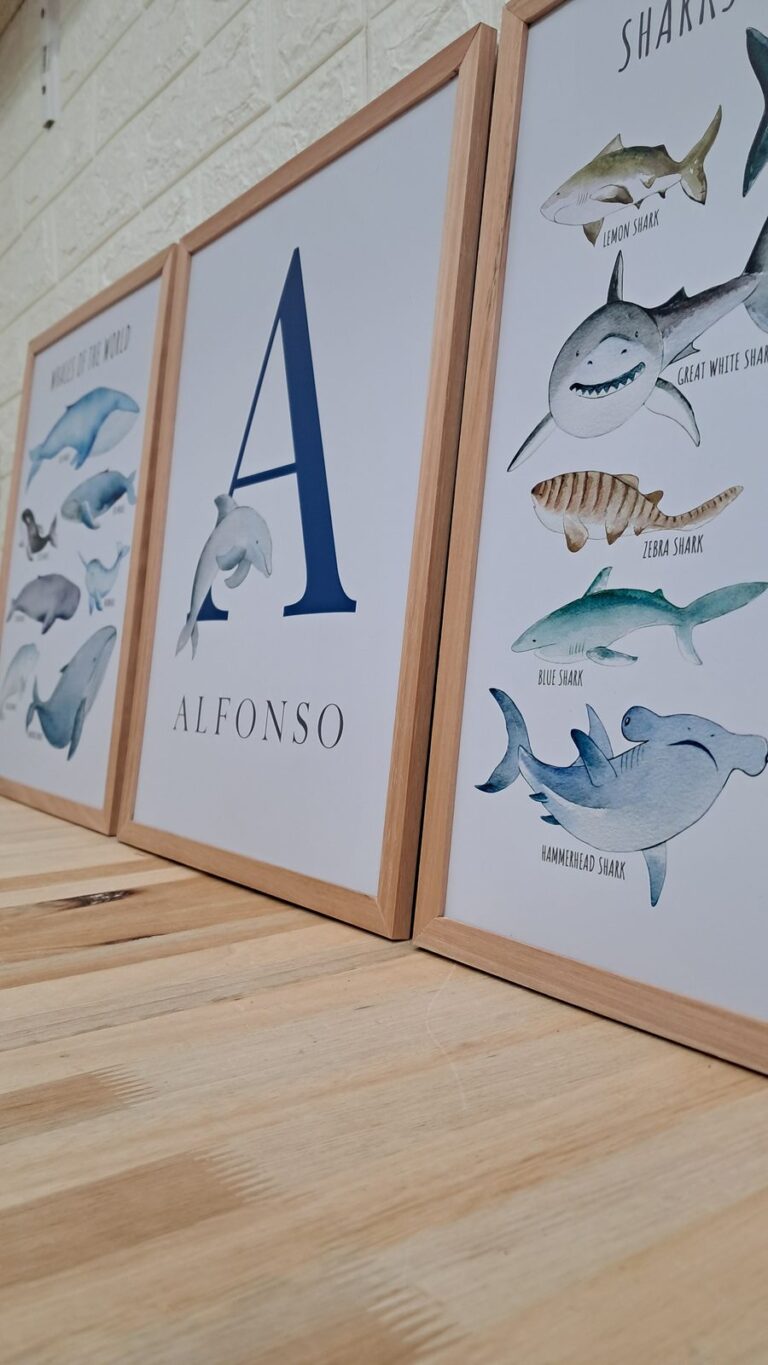 Ballenas, inicial A con nombre y tiburones. Trabajo realizado por Indokids, junio de 2026.