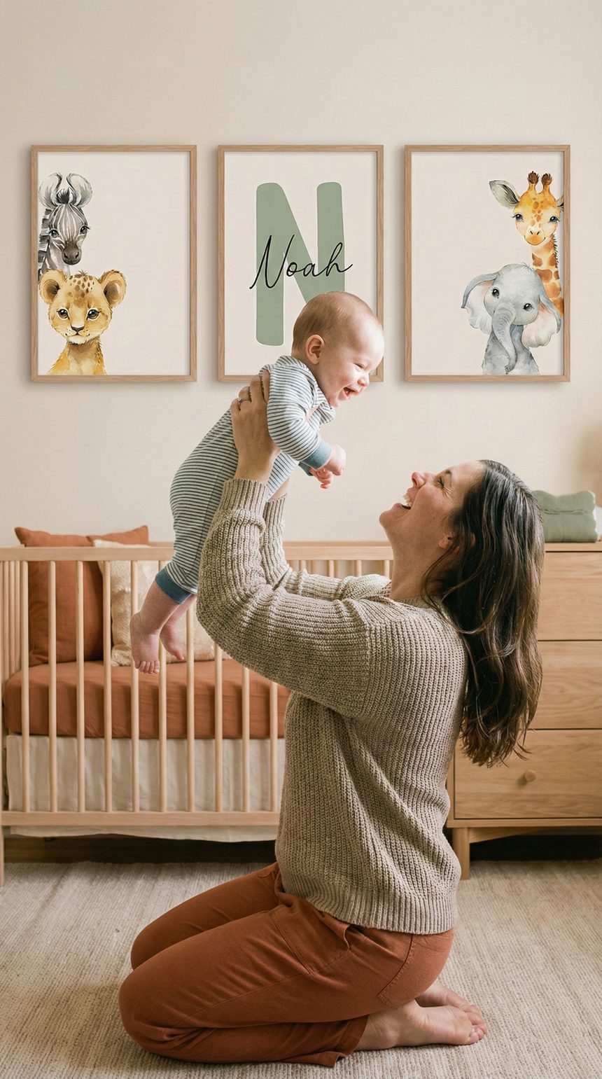 Mamá levantando en brazos a su bebé sonriente, con cuadros personalizados IndoKids colgados en la pared del cuarto